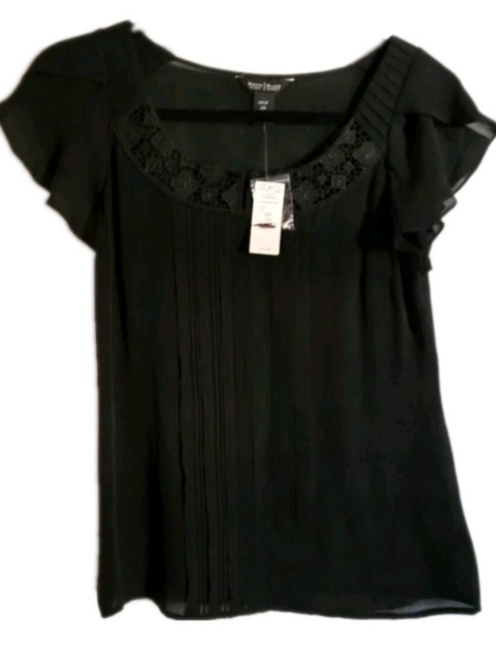 White House Black Market 100% Silk Flutter Sleeve Blouse Top Pleat Front Black